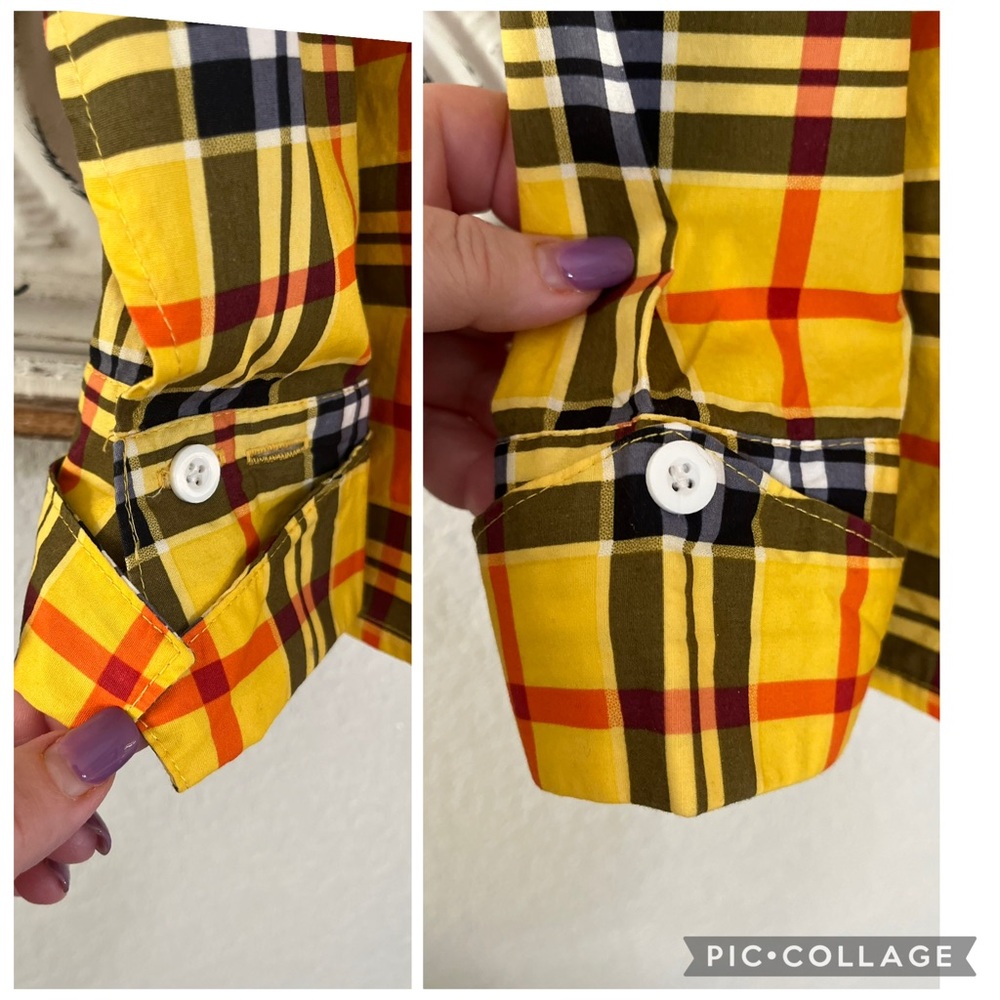 NOVA MEN’S PLAID BUTTON DOWN SHIRT YELLOW ORANGE BLACK CUFF DETAIL - Picture 3 of 6